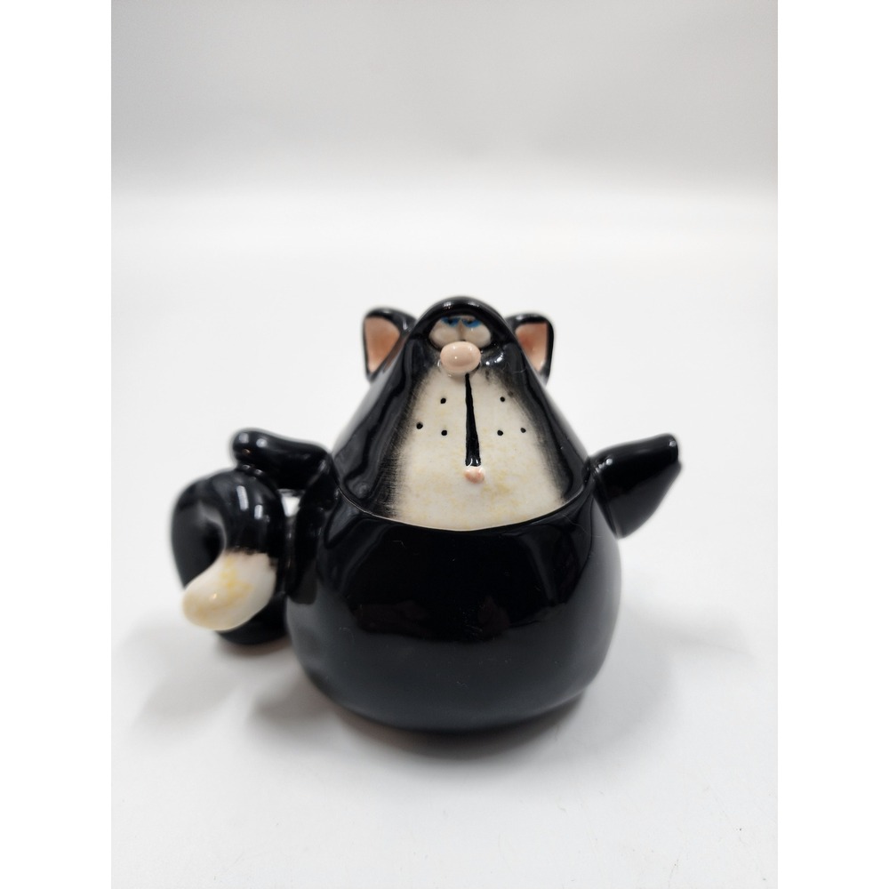 Russ Berrie Douglas the Cat Ceramic Candle Jar Black White Hand Painted 23516